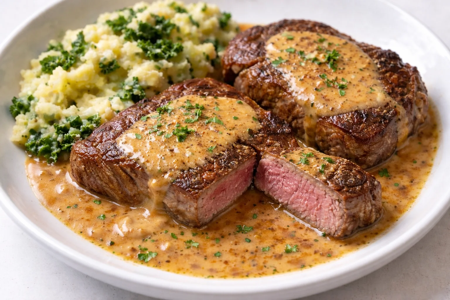 Savory Gaelic Irish steaks served with whiskey cream sauce and colcannon mash