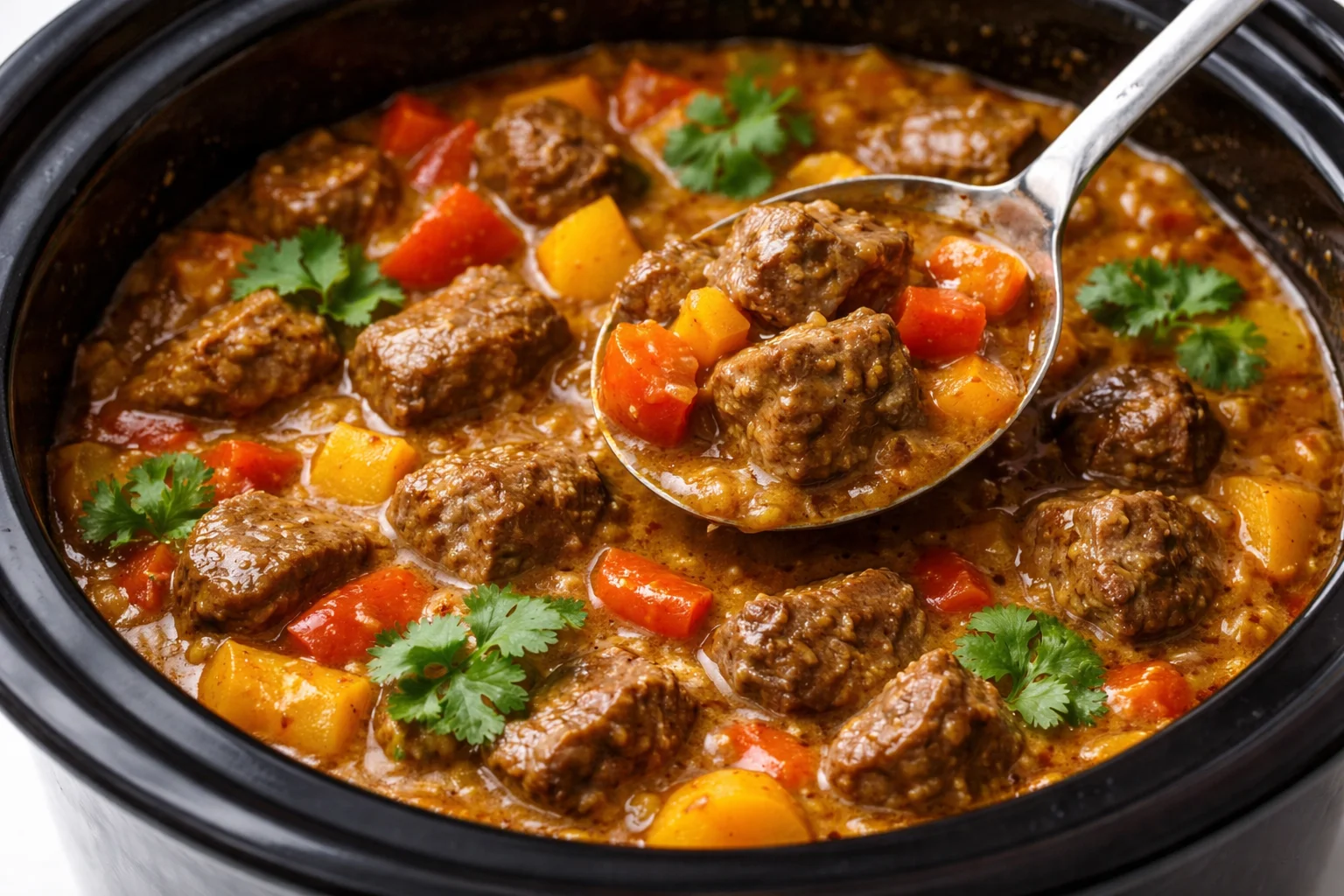 Slow Cooker Beef Coconut Curry cooked with spices and coconut milk
