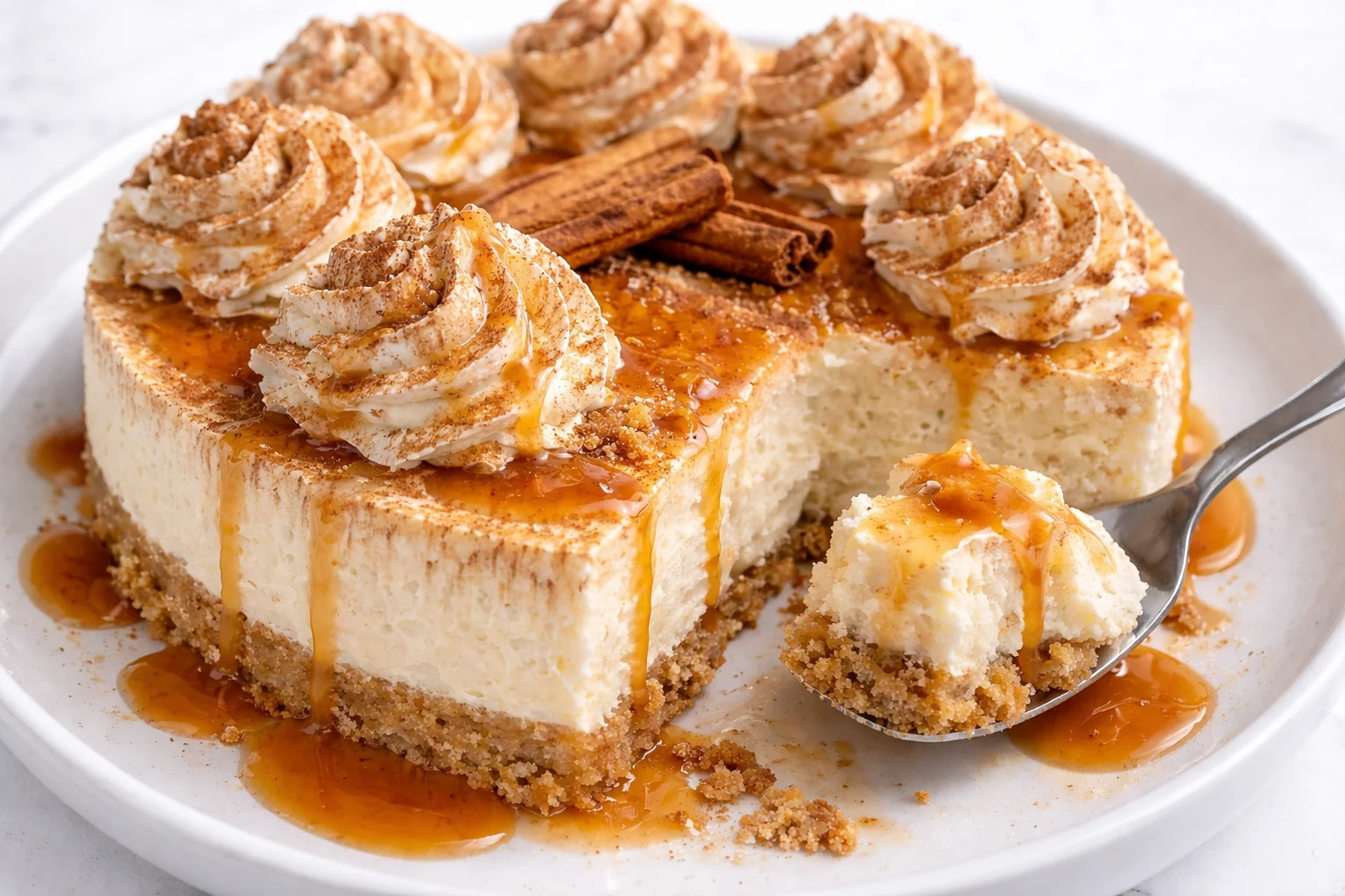 Delicious slice of snickerdoodle cheesecake topped with cinnamon sugar