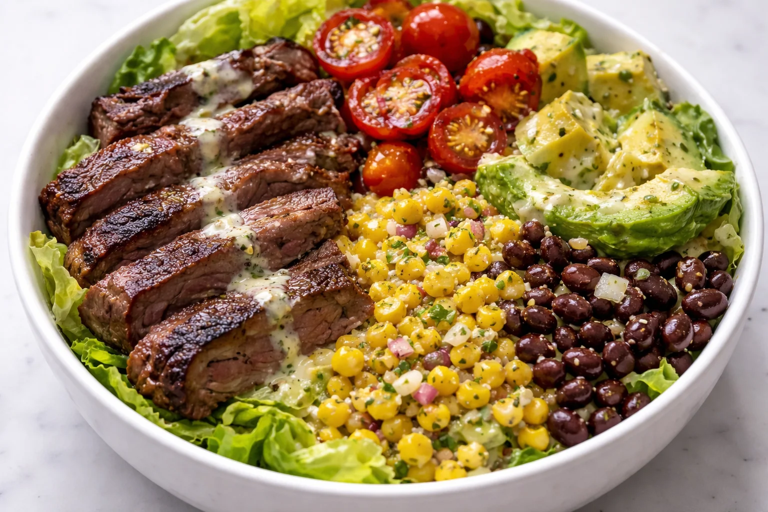 Delicious Southwest Grilled Steak Salad with fresh vegetables and grilled steak