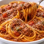 A plate of spaghetti topped with rich meat sauce and garnished with fresh herbs