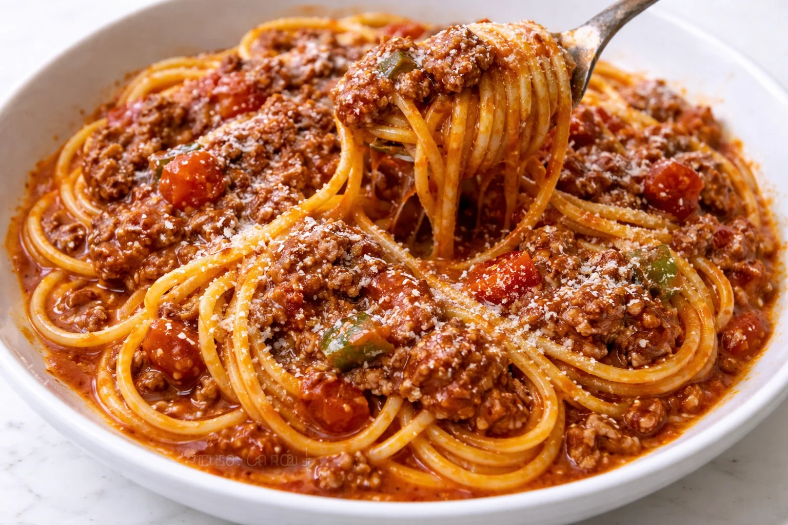 A plate of spaghetti topped with rich meat sauce and garnished with fresh herbs