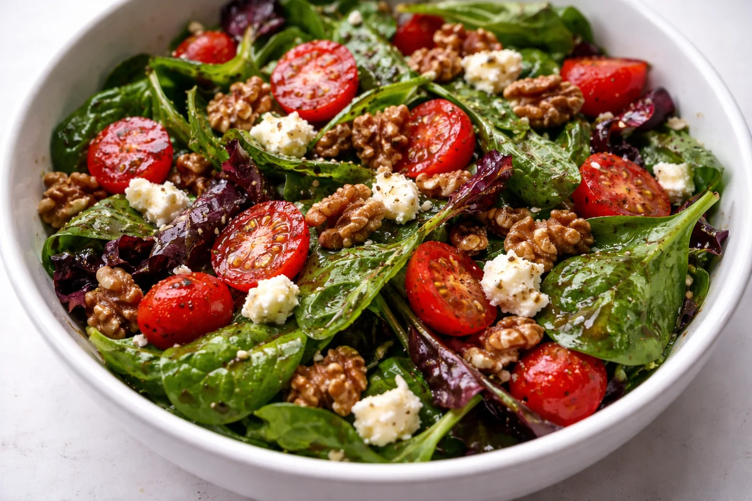 Spring mix salad topped with balsamic honey dressing in a bowl