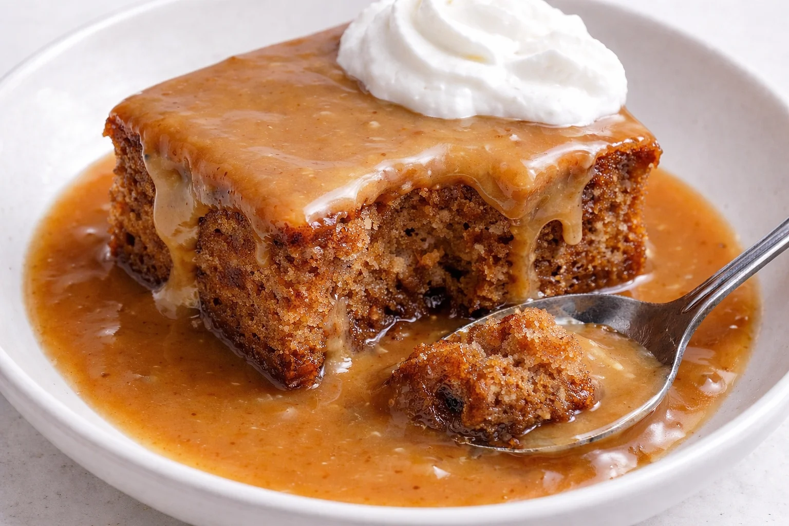 Delicious sticky toffee pudding served warm with caramel sauce