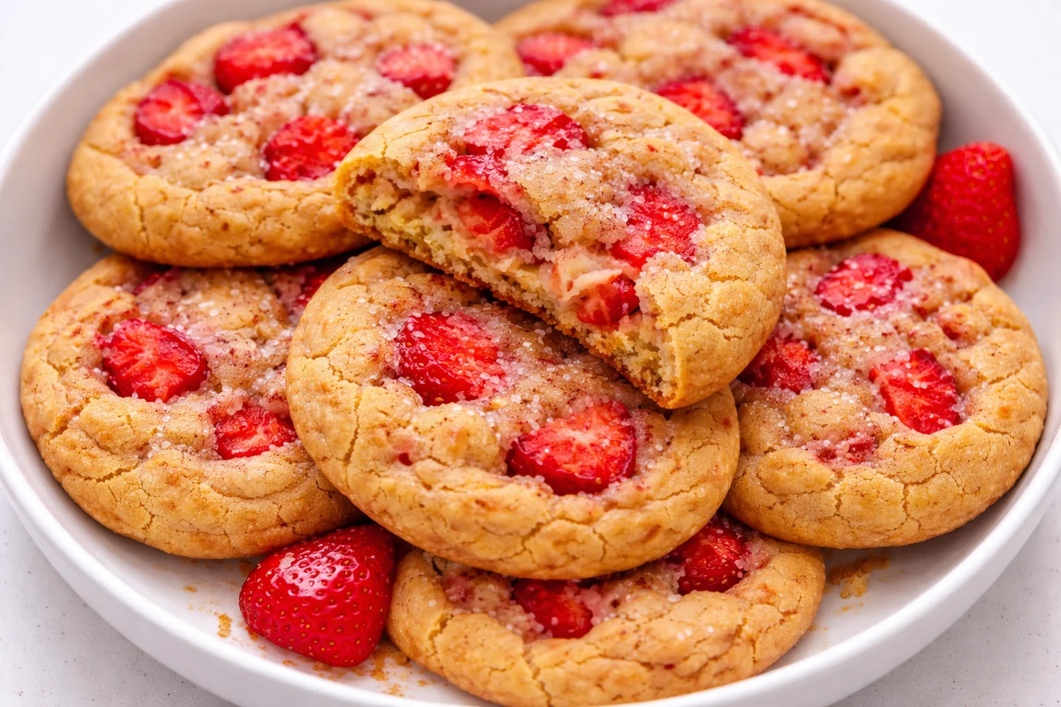 Freshly baked strawberry sugar cookies on a cooling rack