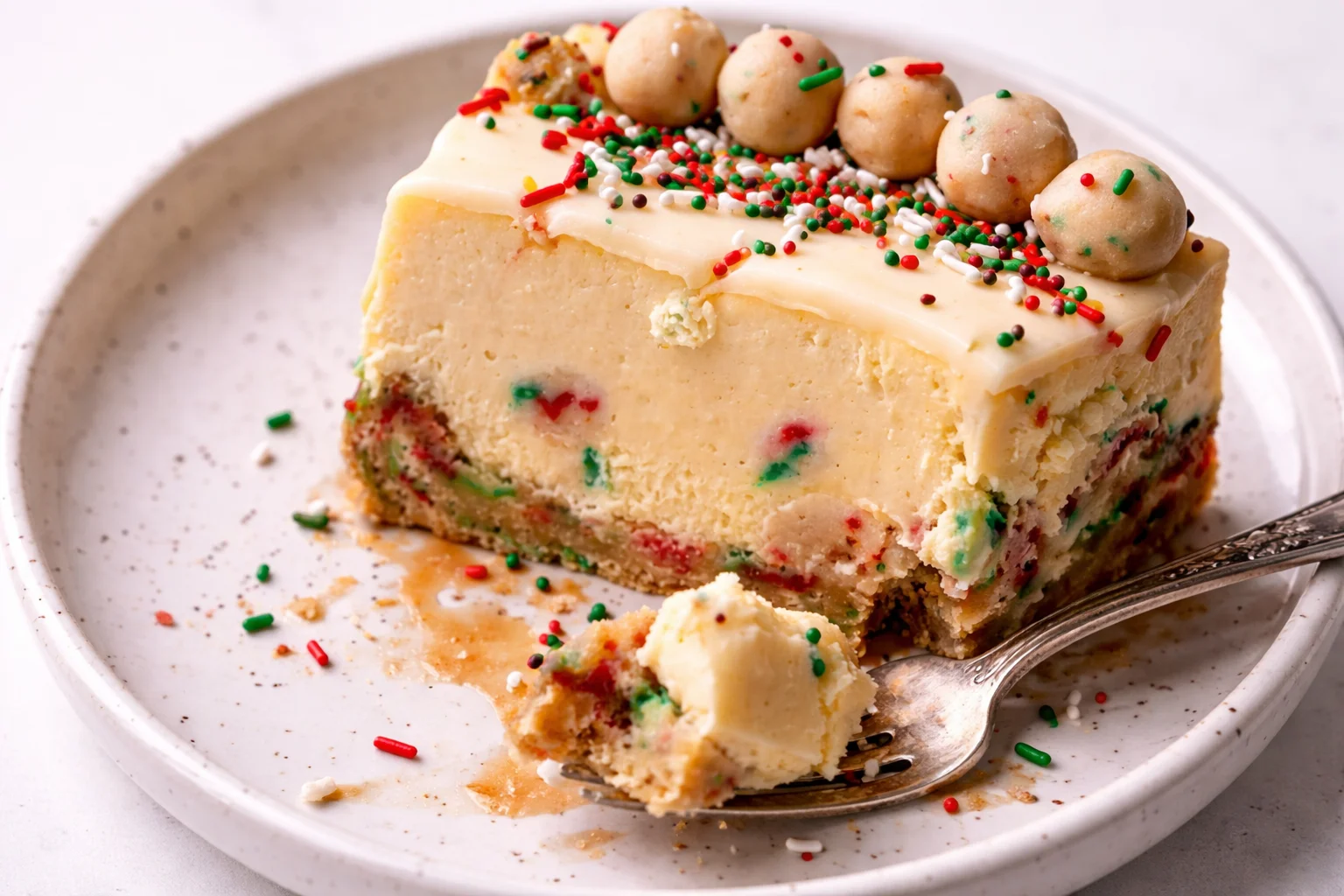 Slice of delicious sugar cookie cheesecake topped with colorful sprinkles