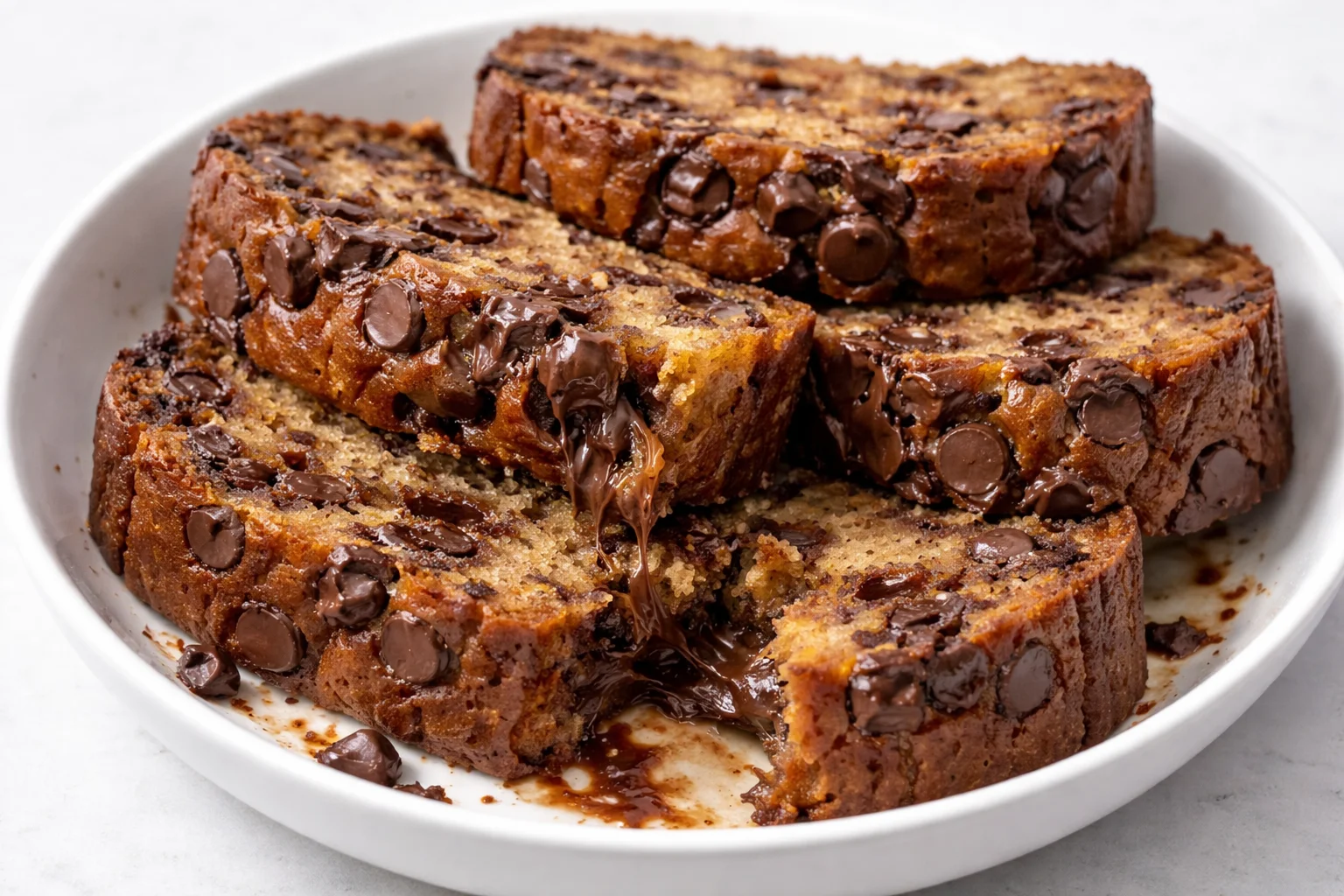 A slice of super moist chocolate chip banana bread on a wooden board