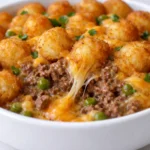 Tater Tot Casserole with Ground Beef served in a dish