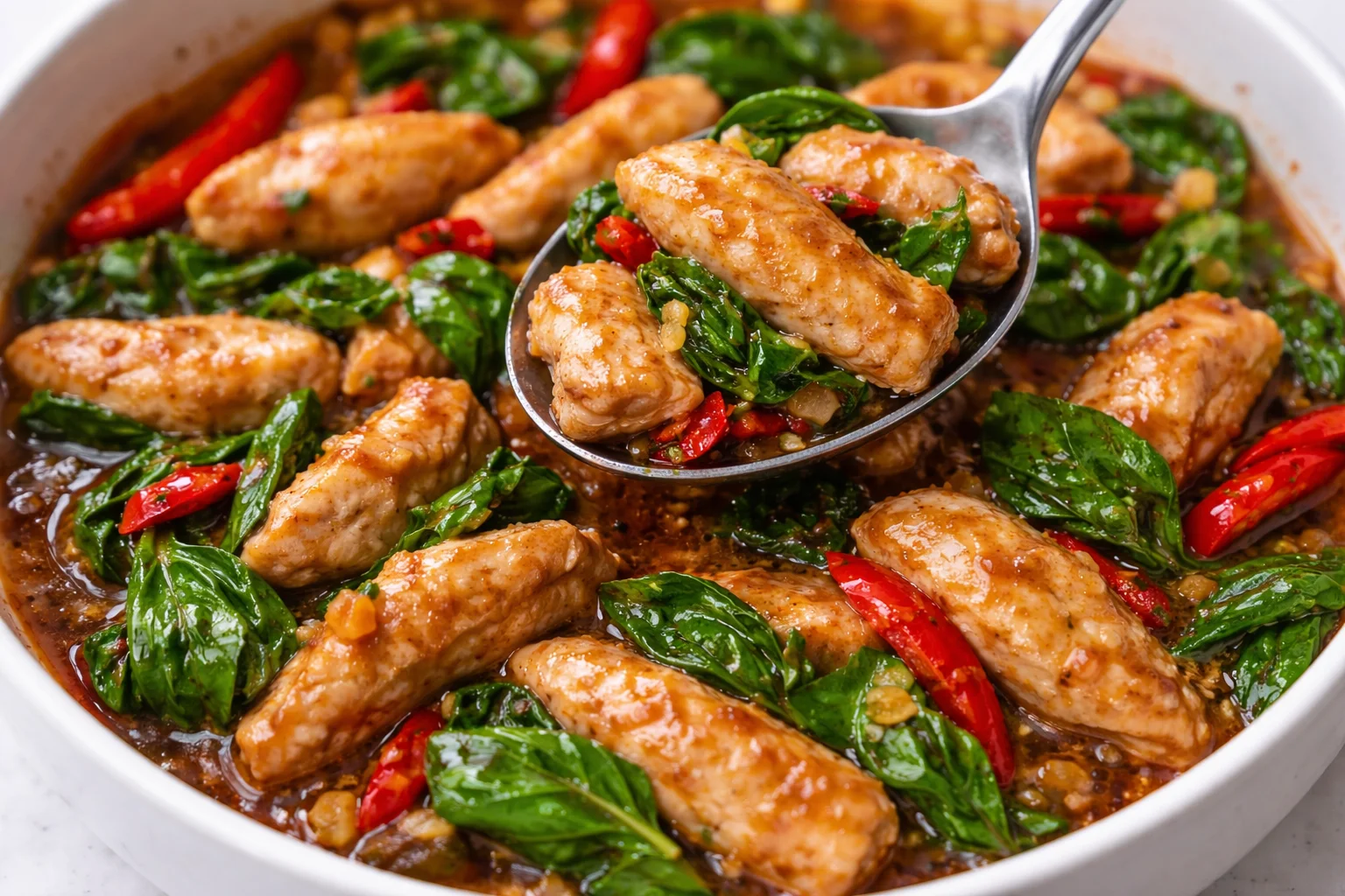 Thai Basil Chicken Stir Fry with vibrant vegetables and fragrant basil leaves