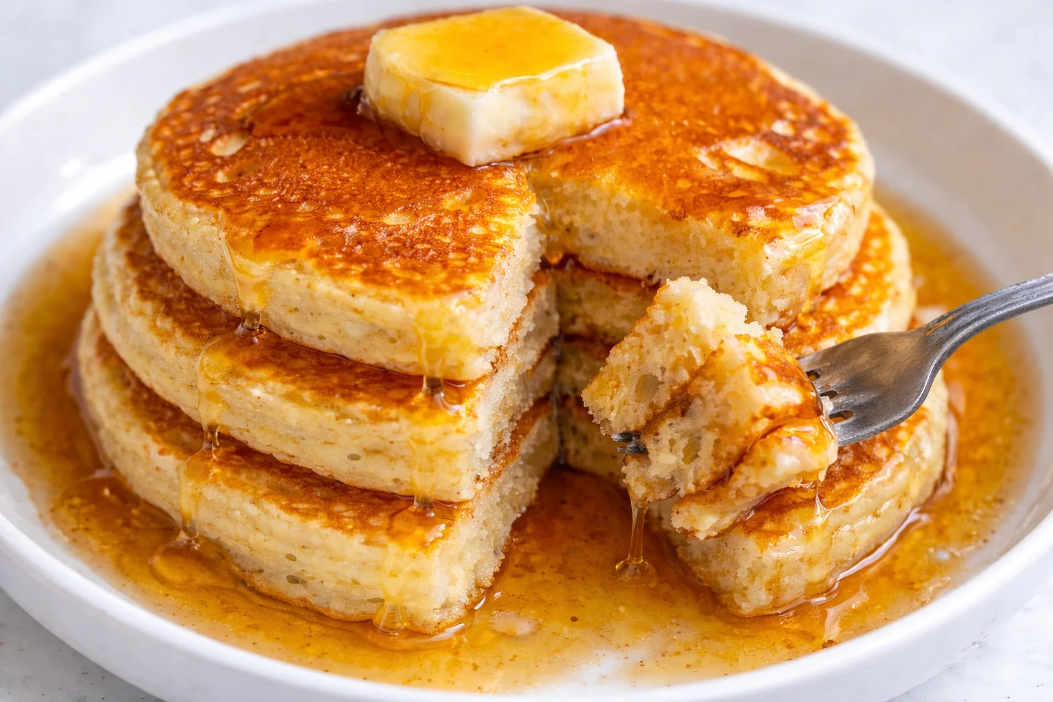 Stack of fluffy pancakes drizzled with maple syrup and topped with berries