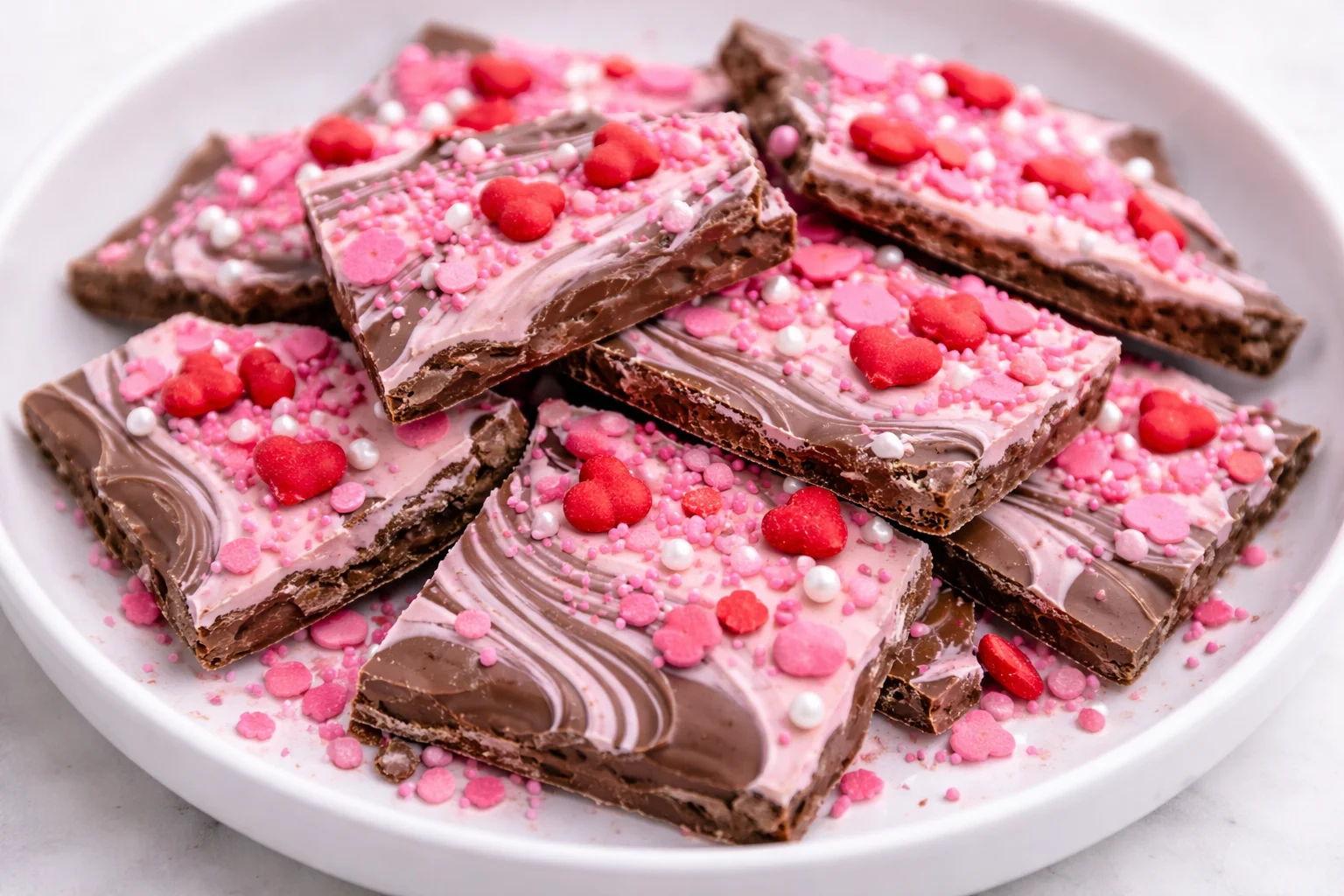 Homemade Valentine's Day chocolate bark decorated with heart-shaped sprinkles
