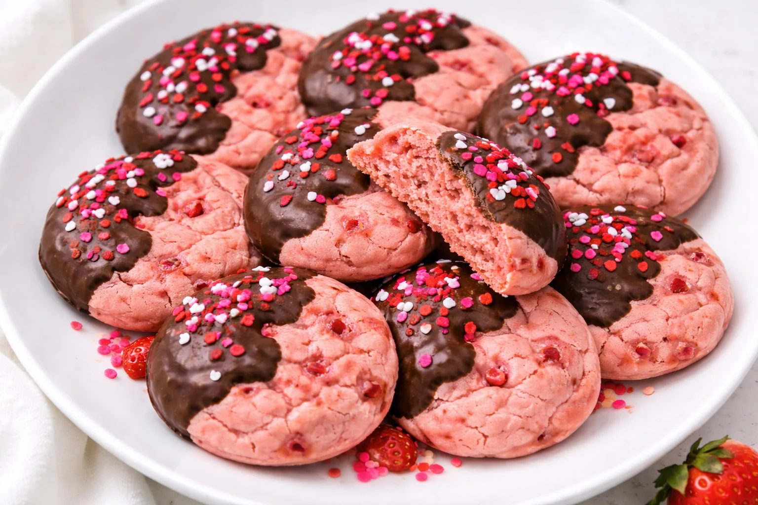 Delicious Valentine's Day chocolate covered strawberry cookies on a plate