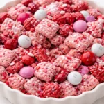 Valentine's Day themed Muddy Buddies in heart-shaped bowls