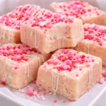 Delicious Valentine's Day sugar cookie fudge decorated with heart sprinkles.