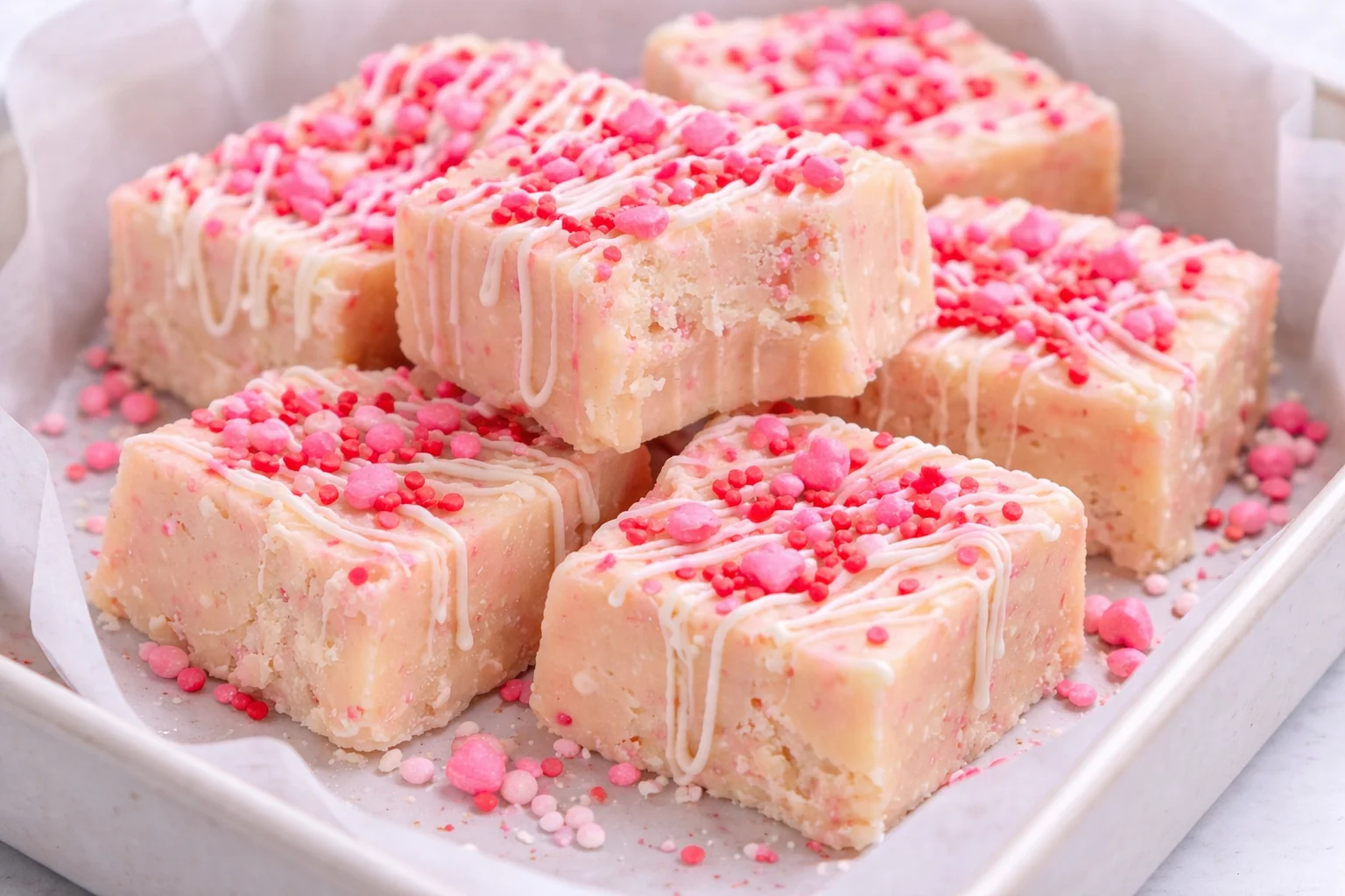 Delicious Valentine's Day sugar cookie fudge decorated with heart sprinkles.