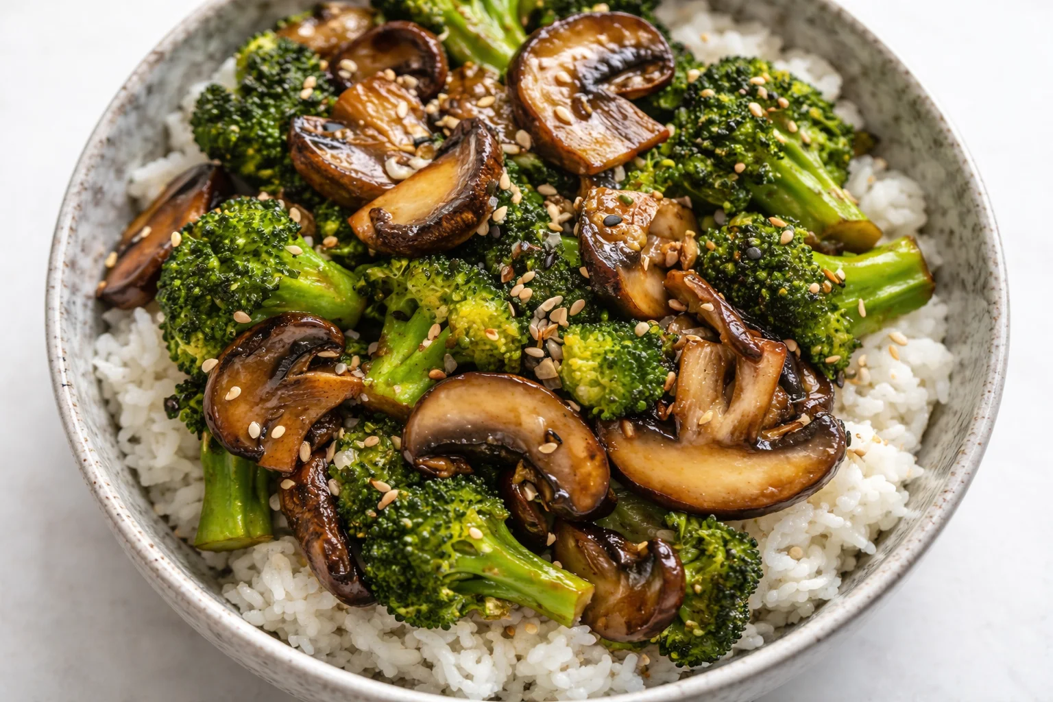Vegan broccoli and mushroom stir fry in a vibrant, colorful dish.