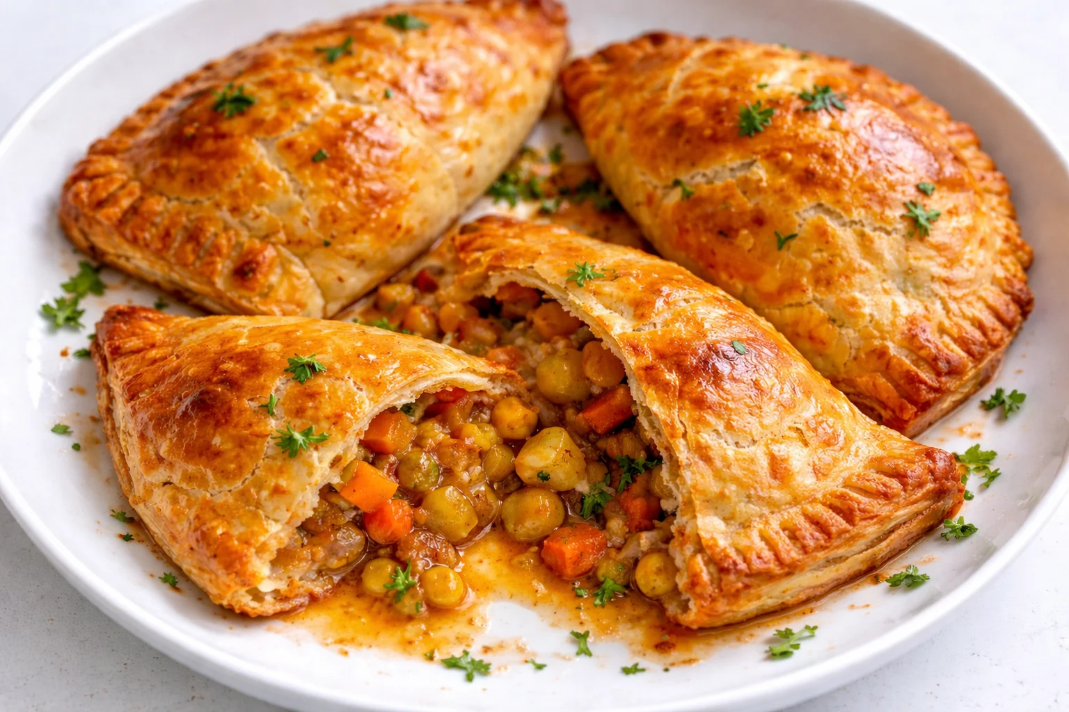 Delicious homemade vegetable Irish pasties with golden flaky crust.