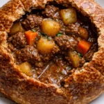 Hearty Witch's Cauldron Beef Stew in a rustic pot
