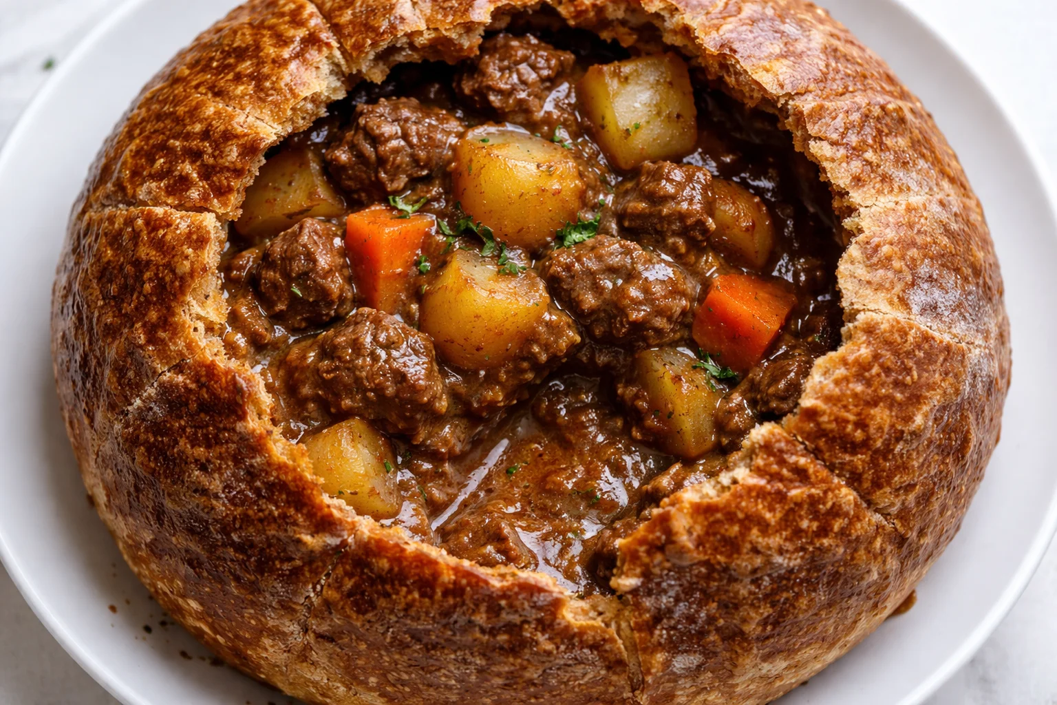 Hearty Witch's Cauldron Beef Stew in a rustic pot