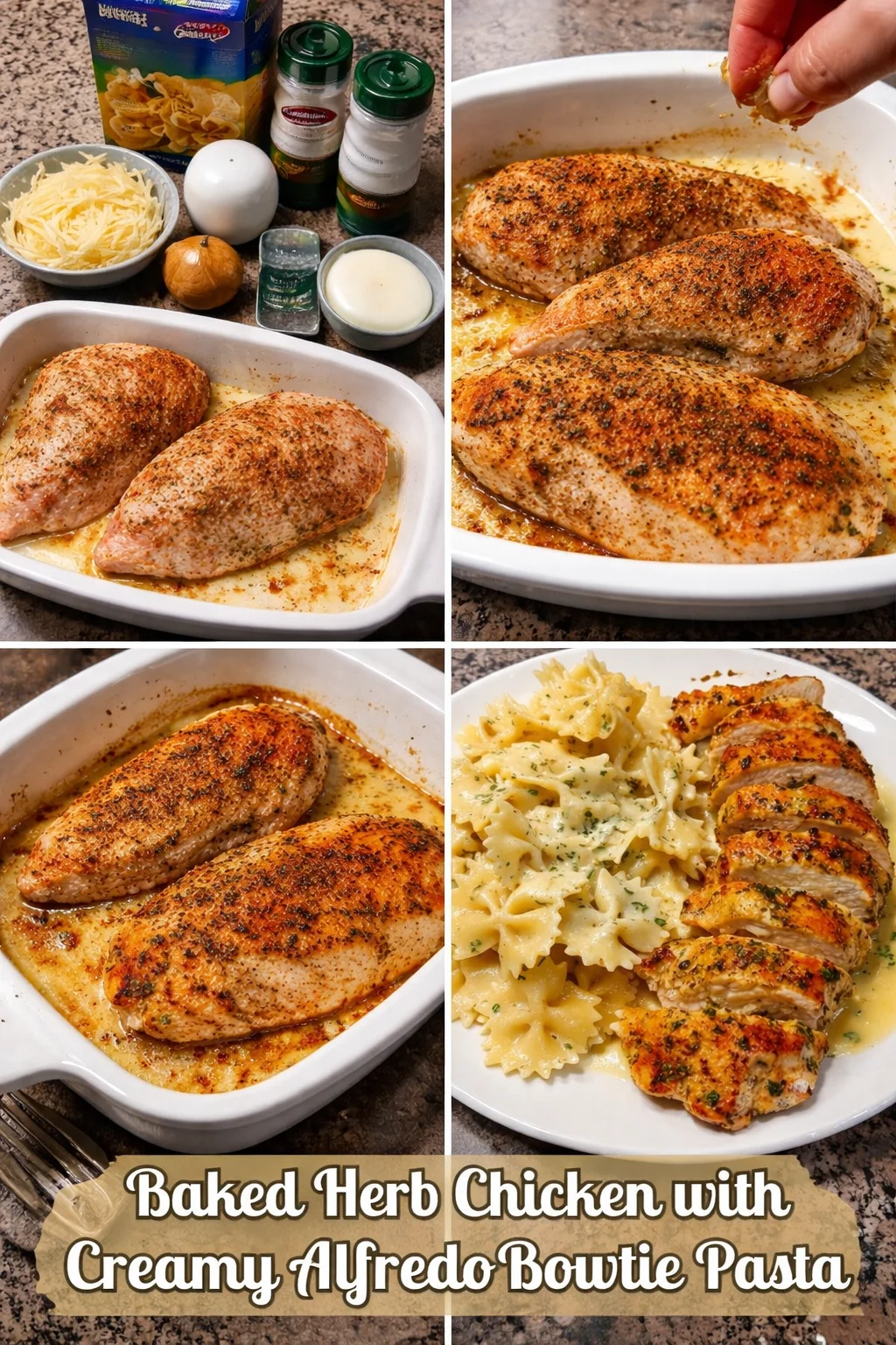 Baked Herb Chicken with Creamy Alfredo Bowtie Pasta