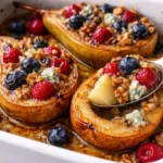 Baked pears topped with berries, honey, walnuts, and blue cheese in a bowl.