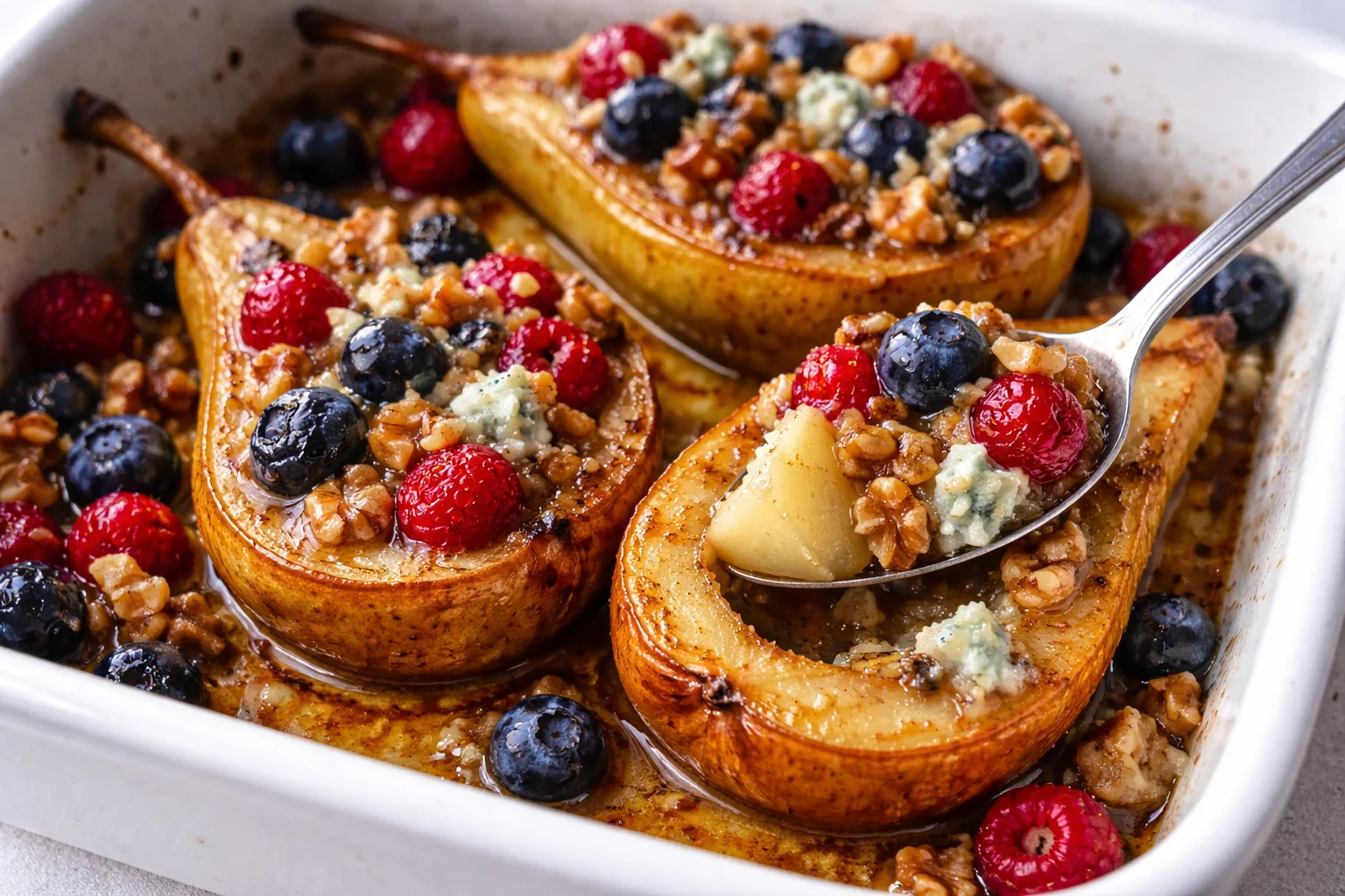 Baked pears topped with berries, honey, walnuts, and blue cheese in a bowl.