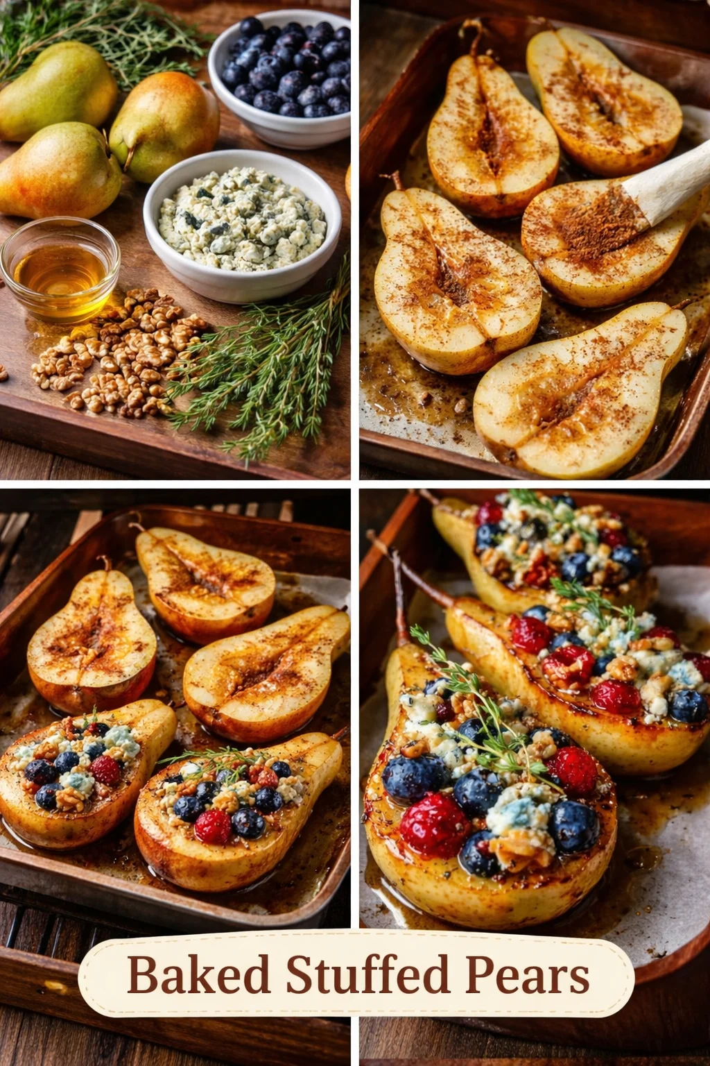 Baked Pears with Berries, Honey, Walnuts & Blue Cheese