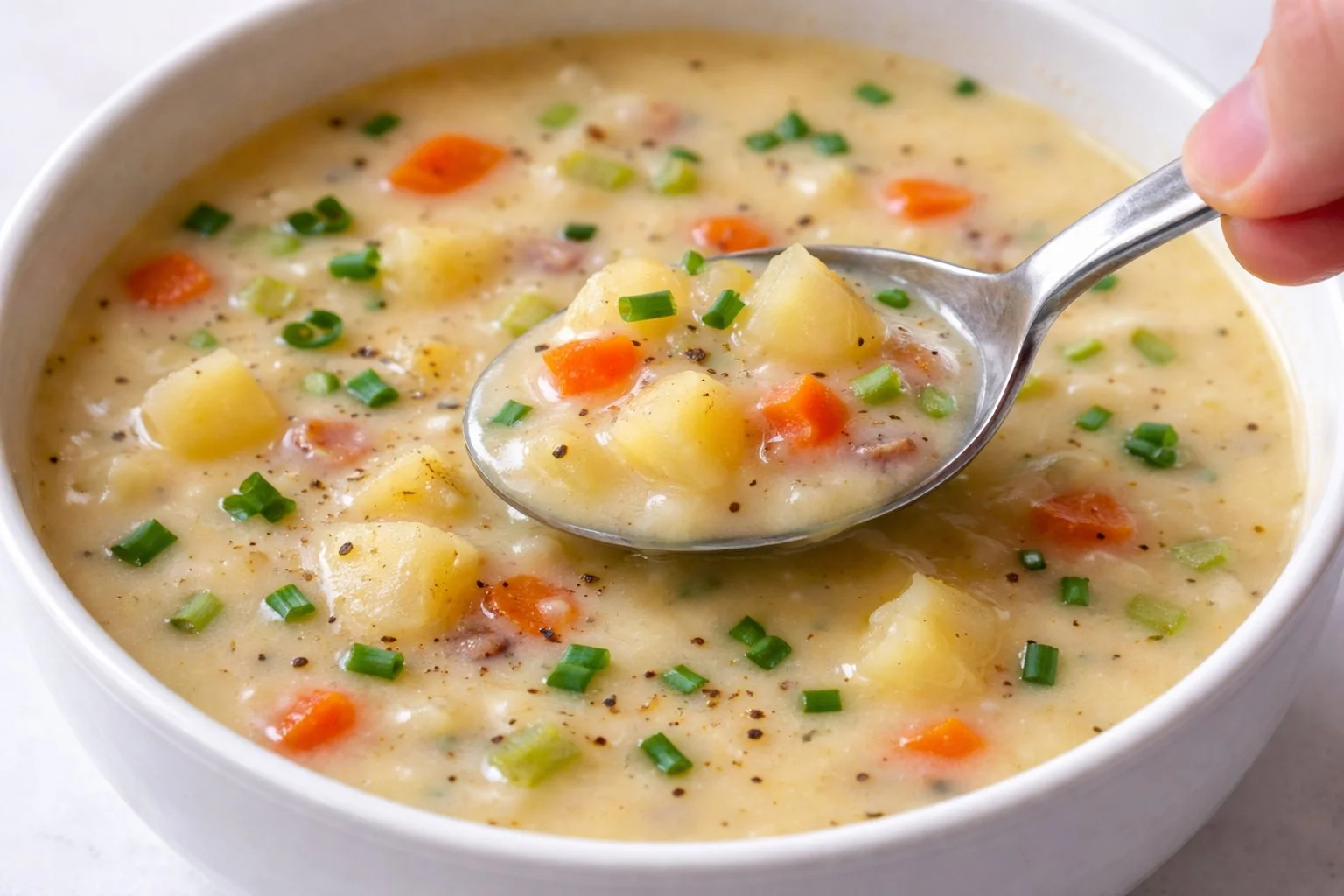 Bowl of delicious homemade potato soup topped with chives and crispy bacon.