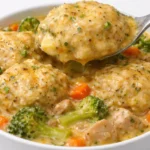 Delicious Broccoli Cheddar Chicken and Dumplings served in a bowl