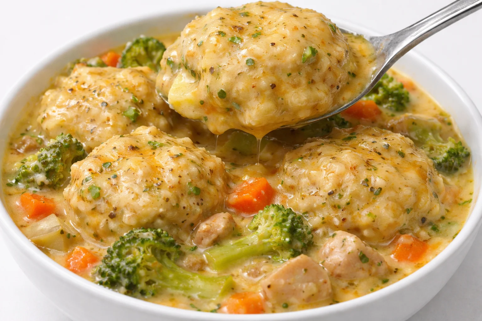 Delicious Broccoli Cheddar Chicken and Dumplings served in a bowl
