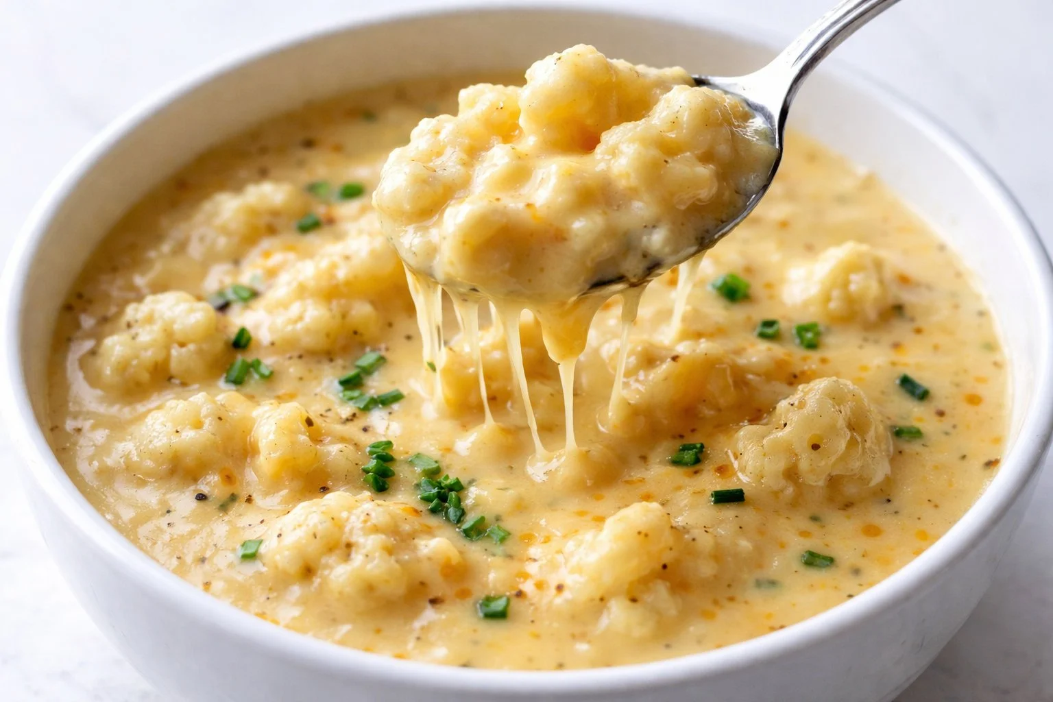 Bowl of cheddar cauliflower and roasted garlic soup garnished with herbs.