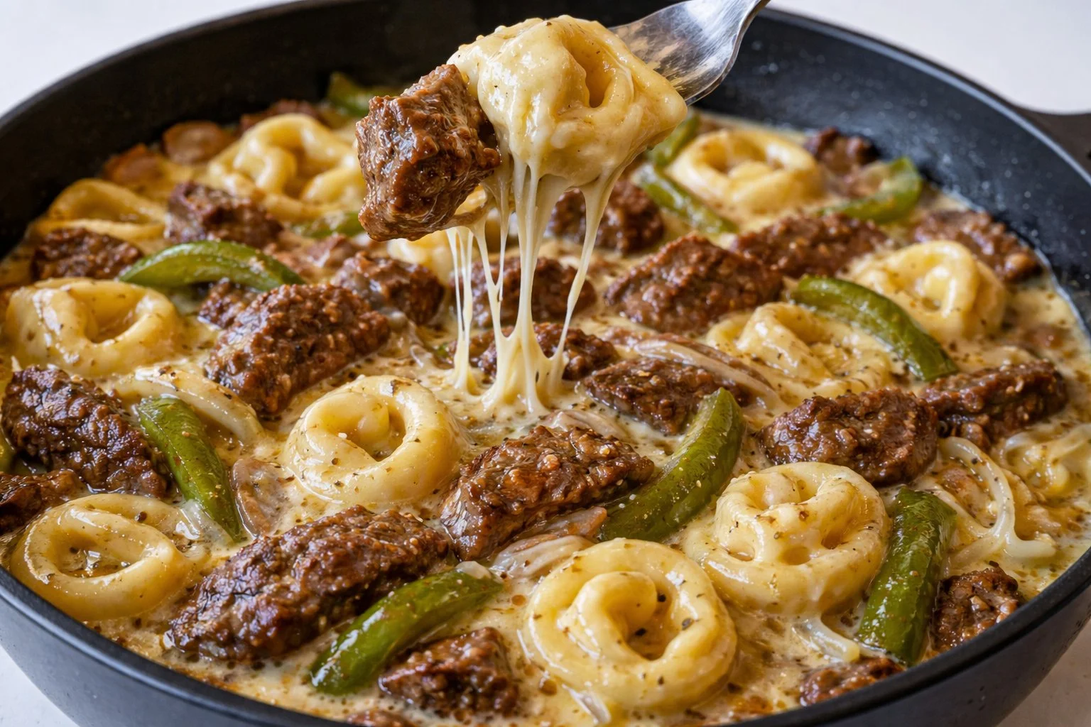 Cheesesteak Tortellini in Rich Provolone Sauce