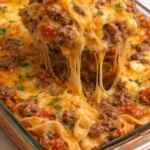 Cheesy beef noodle casserole topped with melted cheese and savory beef.