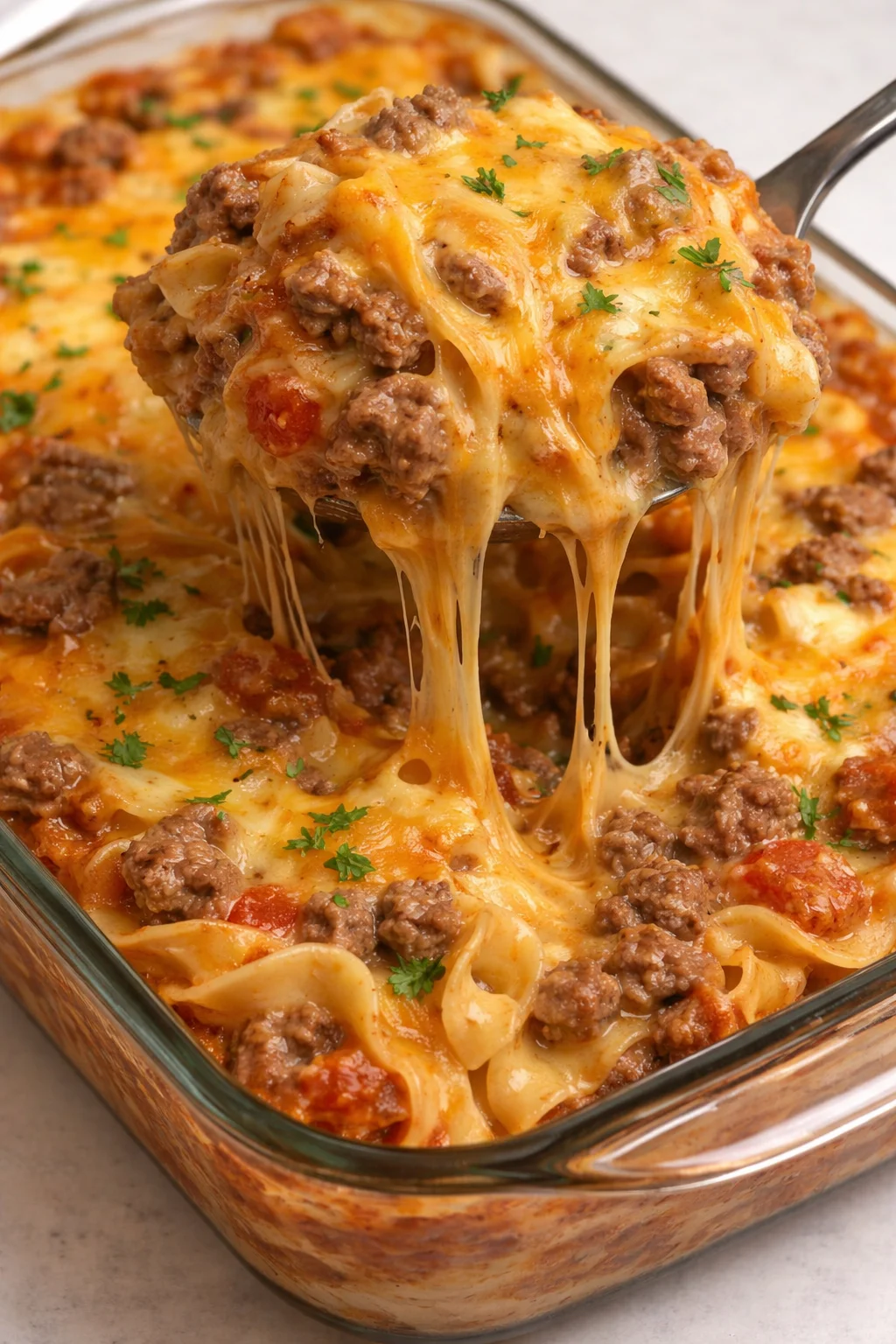 Cheesy beef noodle casserole topped with melted cheese and savory beef.