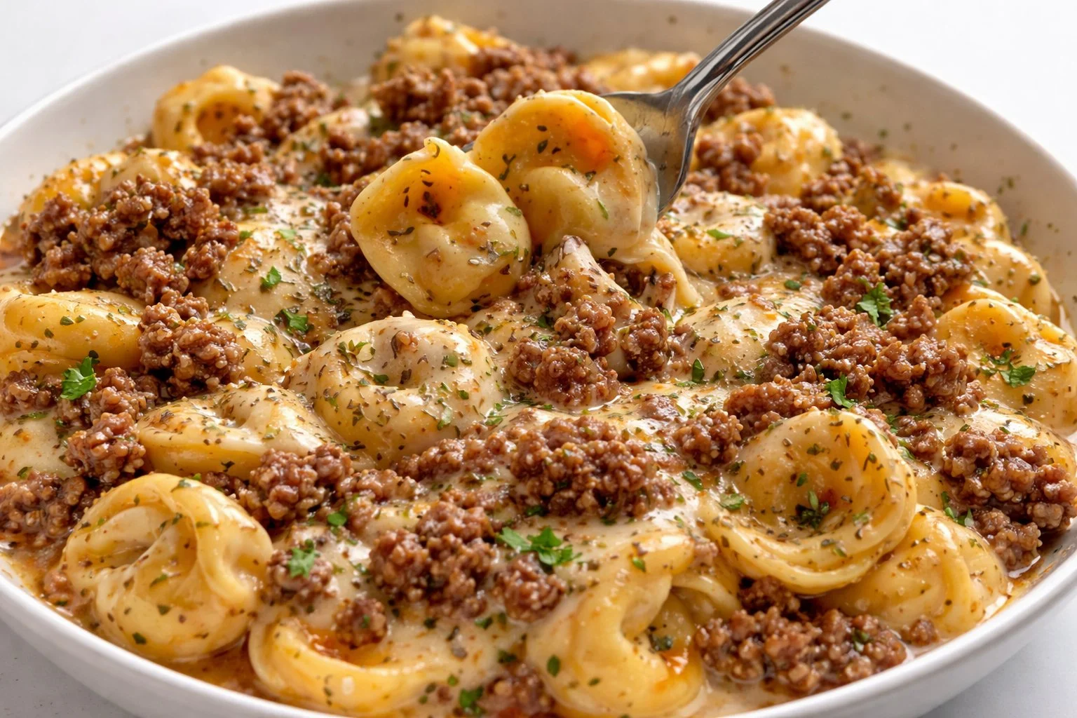 Cheesy Ground Beef Tortellini in Creamy Garlic Herb Parmesan Sauce