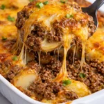 Delicious cheesy hamburger potato casserole served in a dish