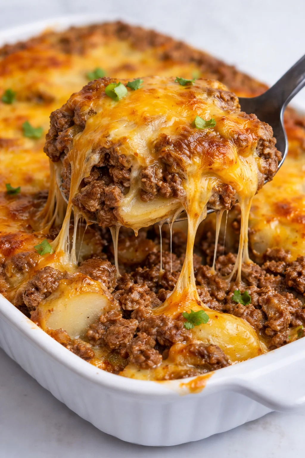 Delicious cheesy hamburger potato casserole served in a dish