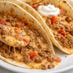 Plate of cheesy Rotel beef tacos topped with fresh ingredients