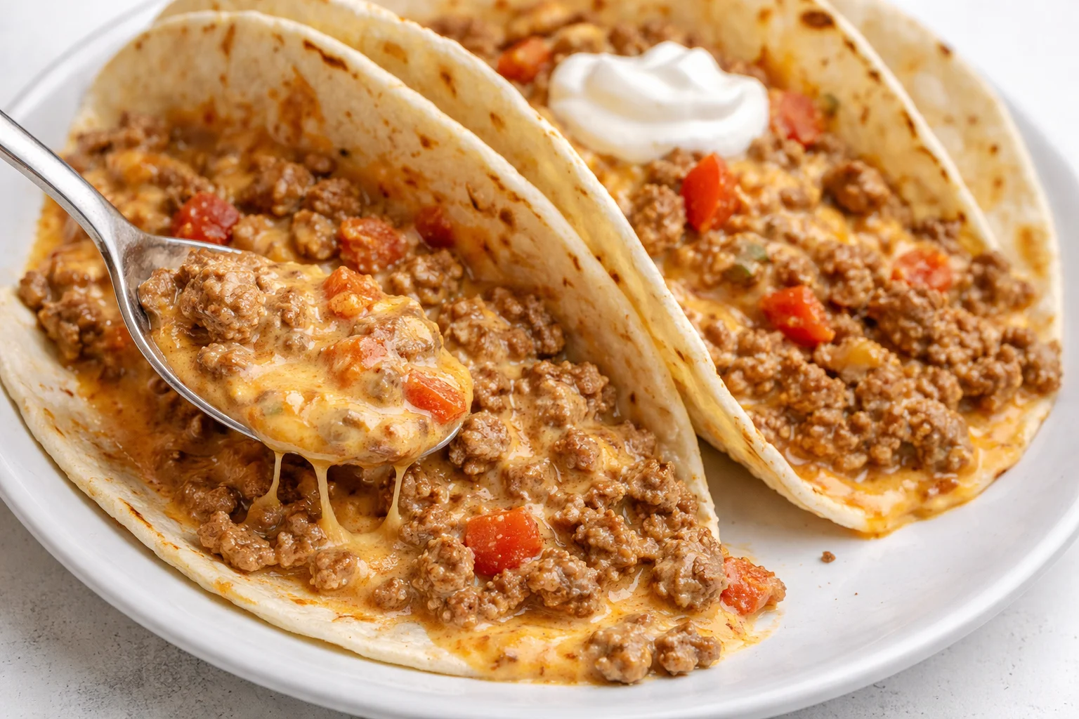 Plate of cheesy Rotel beef tacos topped with fresh ingredients