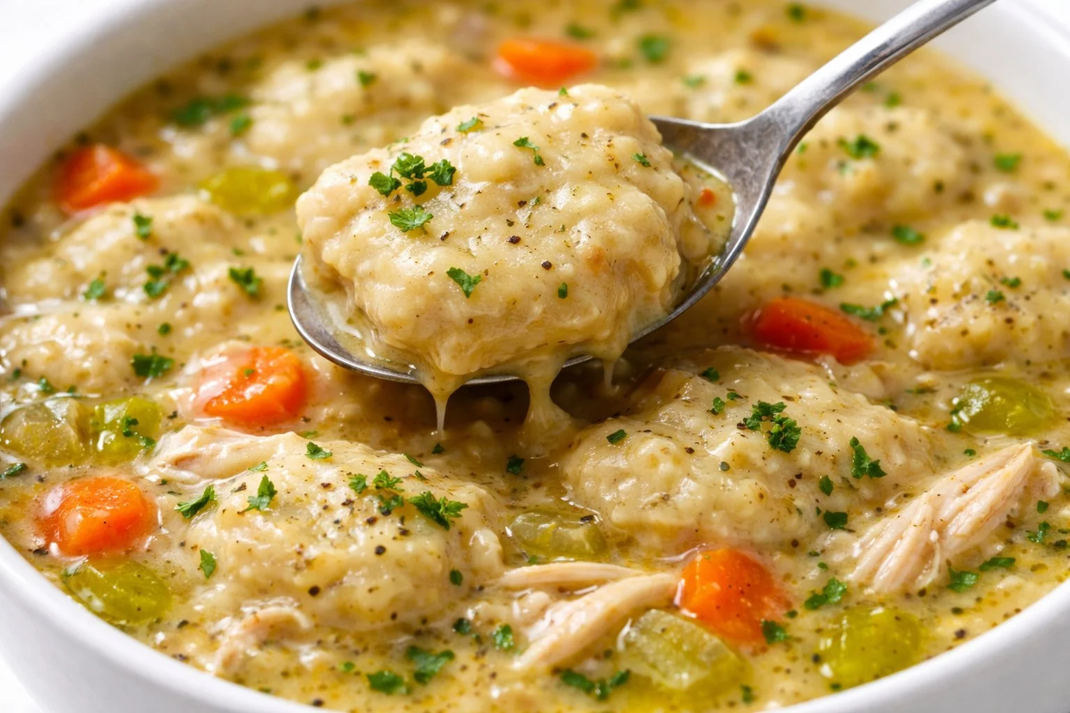 Bowl of Chicken Dumpling Soup with tender chicken and fluffy dumplings