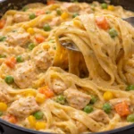 Creamy Chicken Pot Pie Pasta with chicken, vegetables, and herbs