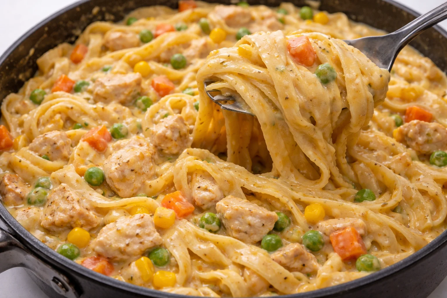 Creamy Chicken Pot Pie Pasta with chicken, vegetables, and herbs