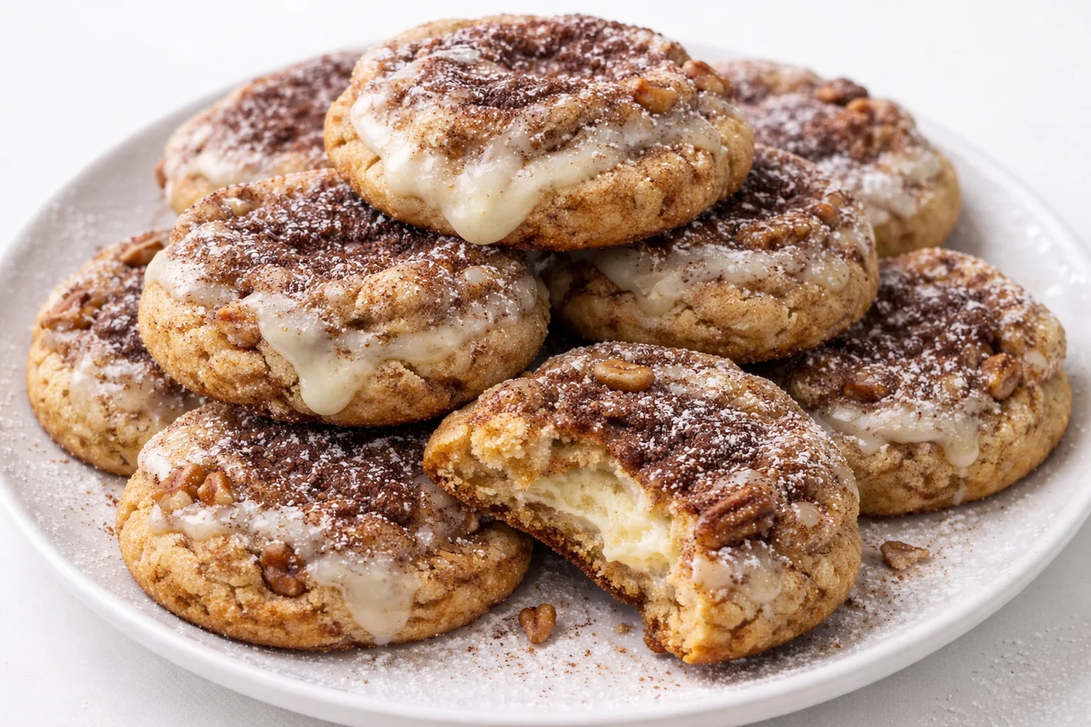 Delicious cinnamon roll cheesecake cookies with cream cheese frosting and cinnamon swirl