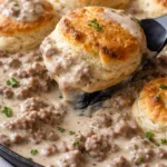Classic biscuits topped with savory ground beef gravy for a delicious meal.