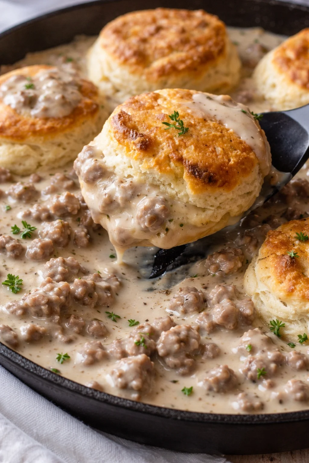 Classic biscuits topped with savory ground beef gravy for a delicious meal.