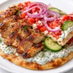 Creamy Greek chicken flatbread with tzatziki, cucumbers, tomatoes, and red onion