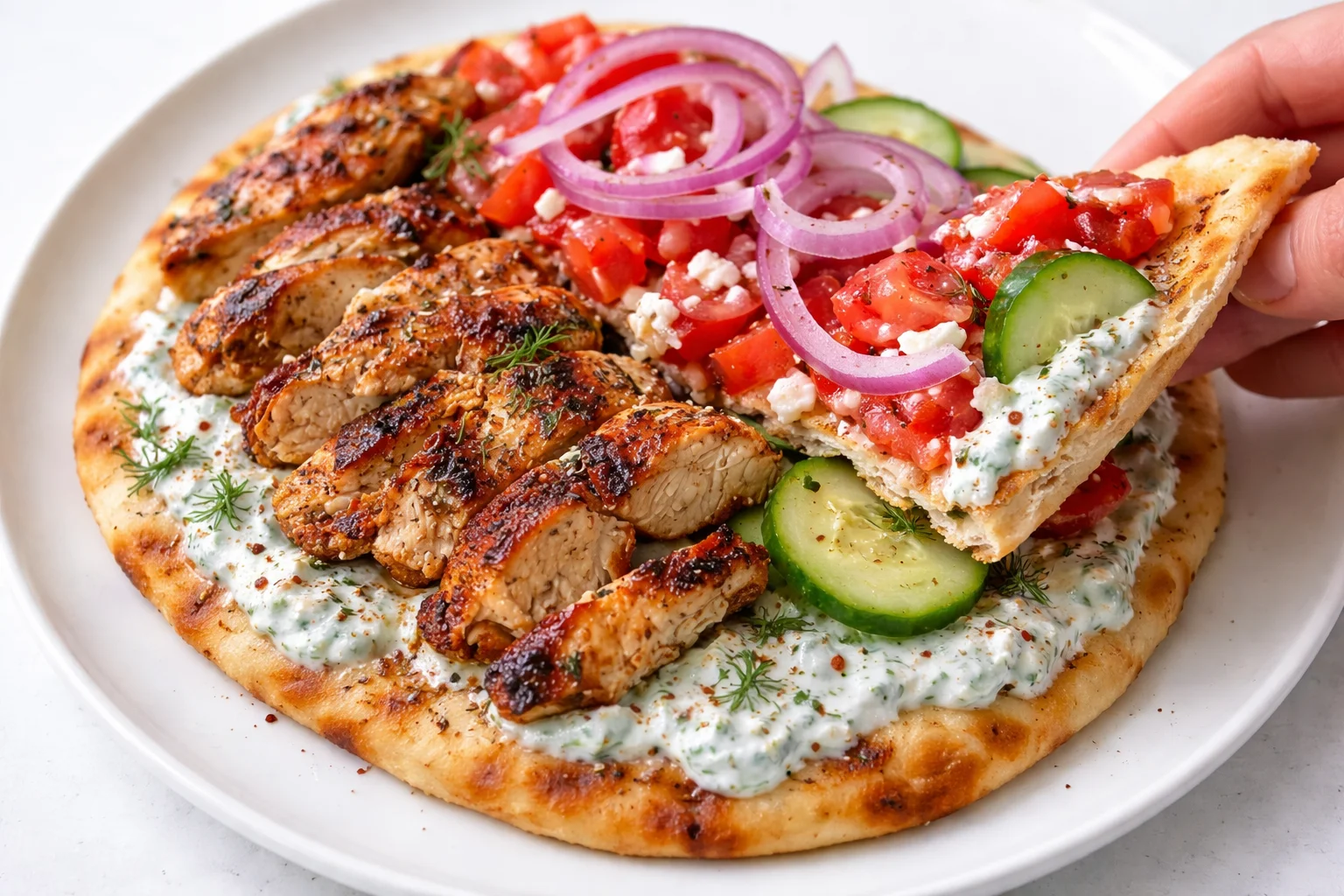 Creamy Greek chicken flatbread with tzatziki, cucumbers, tomatoes, and red onion