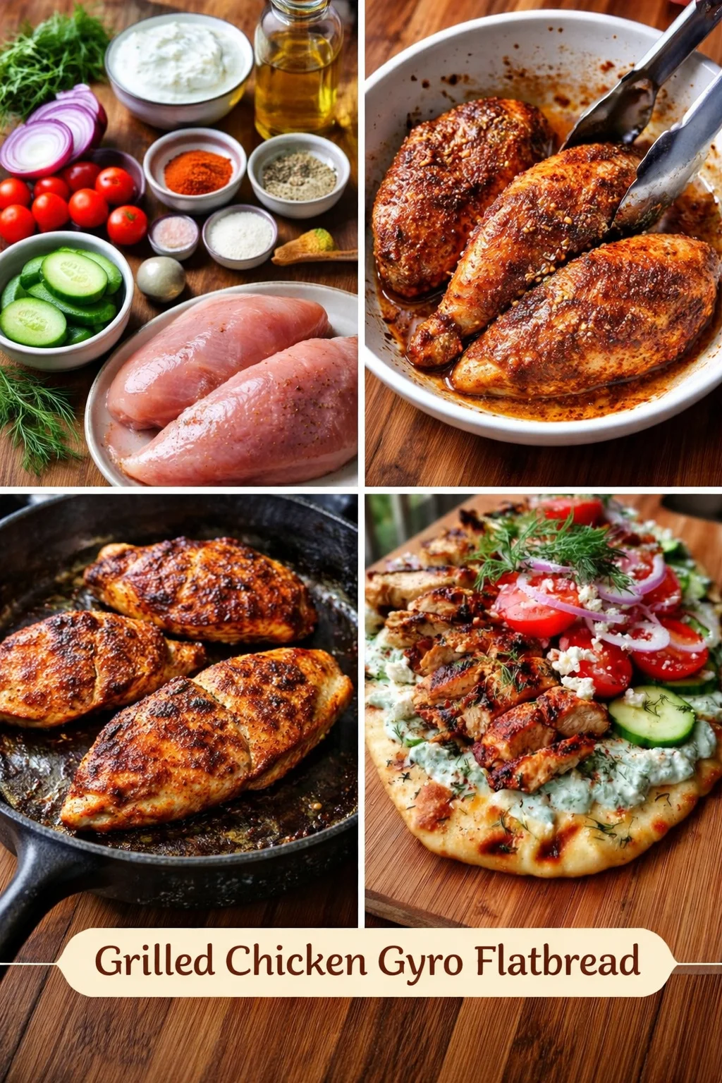 Creamy Greek Chicken Flatbread with Tzatziki, Cucumbers, Tomatoes & Red Onion