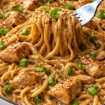 Delicious creamy Mongolian chicken noodles served in a bowl