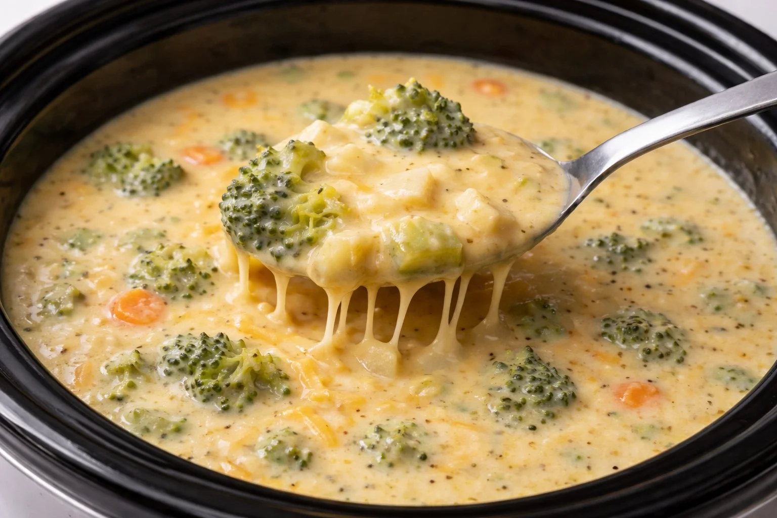 A bowl of creamy crockpot broccoli cheddar soup garnished with cheese and herbs.